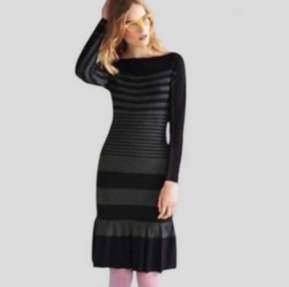 Bailey 44 Midi Dress Size S Black Gray Stripe Jersey Boat Neck 3/4 Sleeve Office - Picture 1 of 14